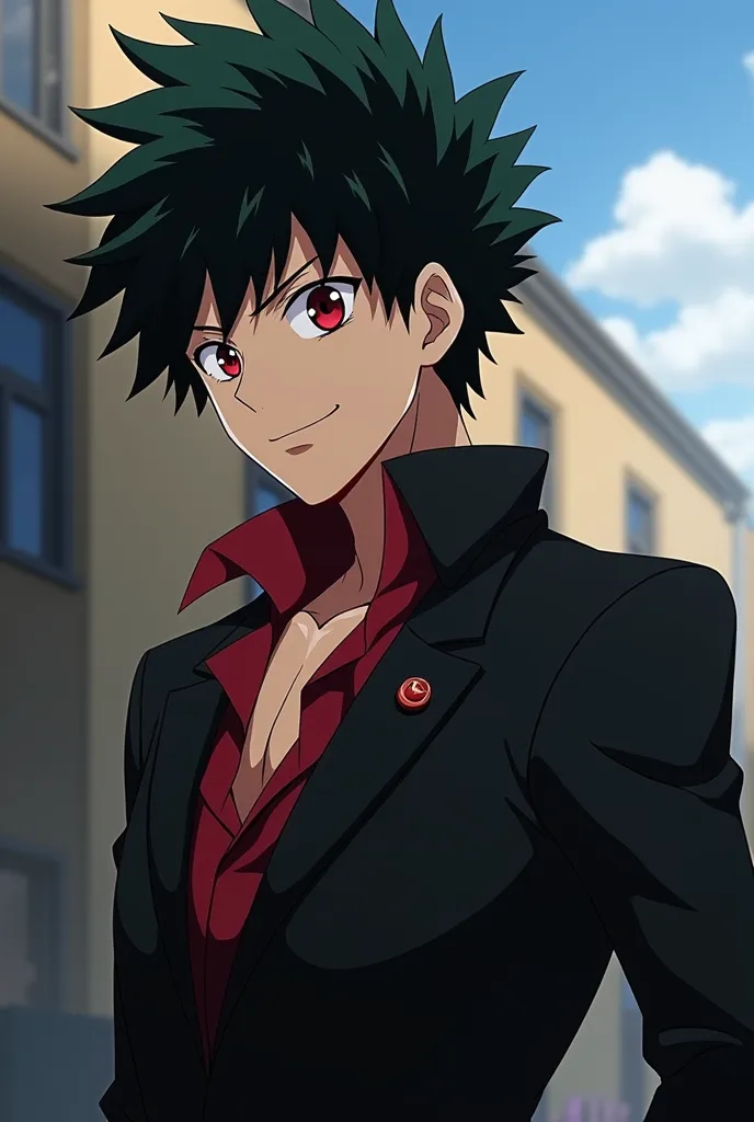  Character from My Hero Academia ,with red eyes ,a serious look and a friendly smile ,to the skin, with a tight black suit that has a neckline where you can see your chest and collarbone ,wearing a blood-red collar ,In the background you can see the Academ...