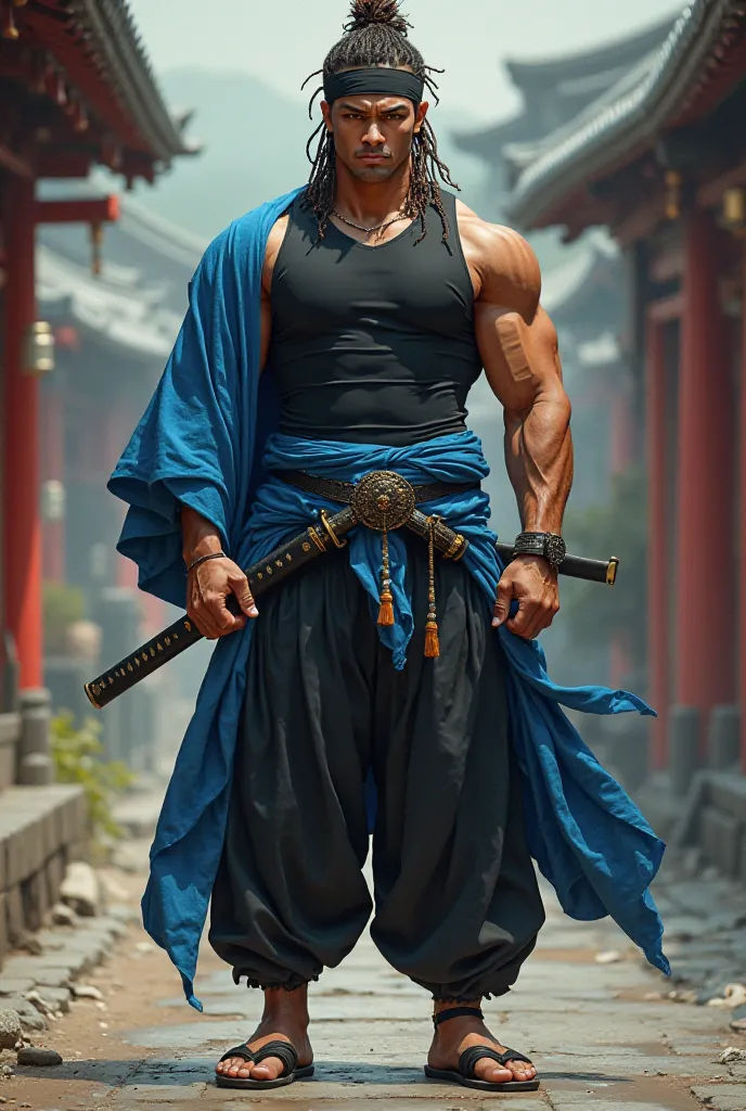 Male  with a toned body with caramel skin color with 4 cornrows and a headband wearing Black compression shirt with a blue haori, with black baggy pants and zori for shoes, with a katana on the waist