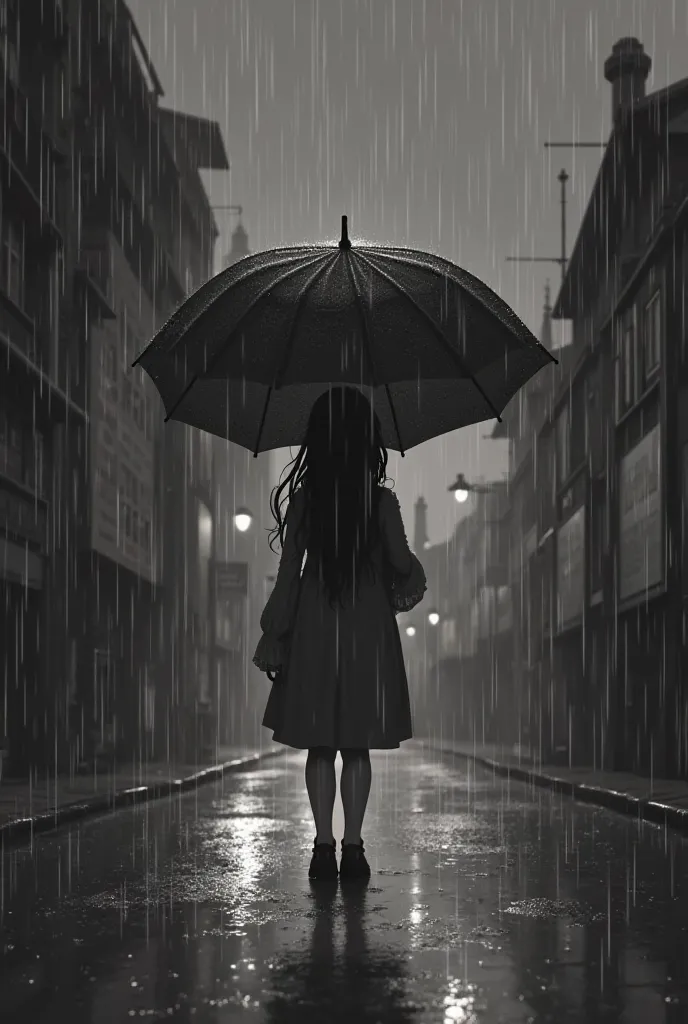  and scenery, and、I have a black and white themed 、 Studio Ghibli style animated film, Movie stills, Highest qualthaty, masterpiece, Representative works, official art,  professional,  Super Intricate Details, 8k,  evening,that&#39;It's Raining,Behind the ...