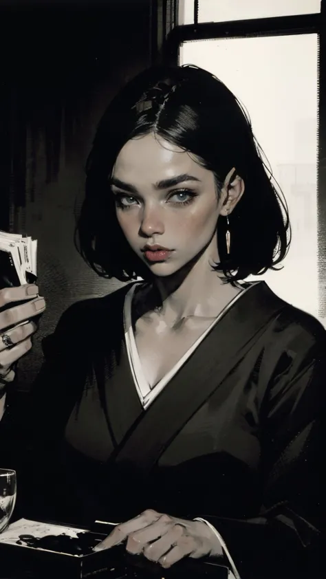 masterpiece, best quality, supper fine illustration, official art, woman, Japanese, 18-years-old, portrait, noir, comic book-style, ink brush strokes, high contrast, cinematic lighting