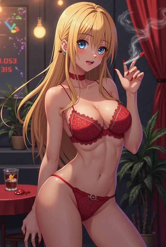 (Anime:1.2), beautiful woman, 5'9", Athletic, Large Breasts (DD-Cups), tight ass, shapely legs, BREAK, long flowing blond hair, blue eyes, full red lips, BREAK, Red lacy bra, red thong, ample cleavage, red high heals, BREAK, Night time, behind the club, Be...