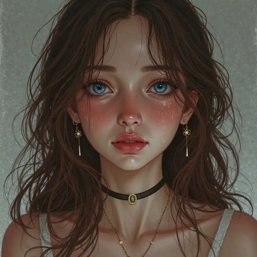 1 fille, Alone,  long hair, Breasts,  brown hair, blue eyes, earrings, Very detailed,  cry , Tears Flowed, pain, jewelry, 