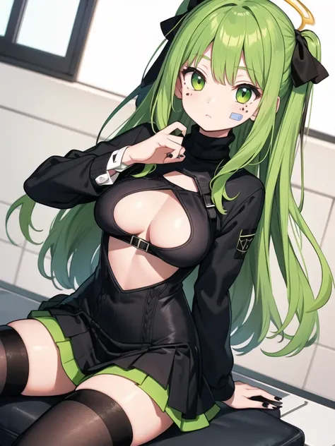 1 girl, floating sitting pose, green halo, green straight hair, big green hair bow, green goth tight sweater with boob window, green harness on chest, long black nails, fashion green skirt with patches, mismatched thigh high stockings, cute green wings on ...