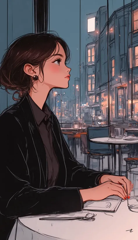 masterpiece, illustration, vector art,Waiting for someone, 1 female,Women meeting up at a cafe, fancy cafe ,urban music, Record Jacket ,Sounds boring,(detailed hands),( beautiful hands )