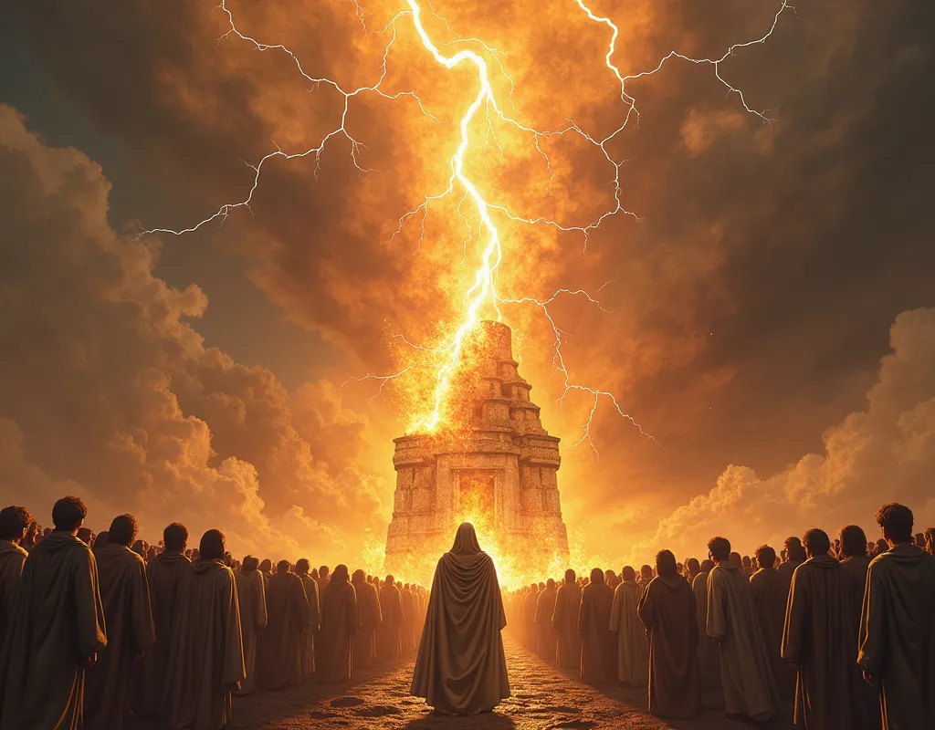 A gigantic lightning falls from a dark sky, impacting the altar with an explosion of divine fire. The flames envelop the wood, the stones and the sacrifice, consuming everything with a supernatural glow. The fire is so intense that its light is reflected i...