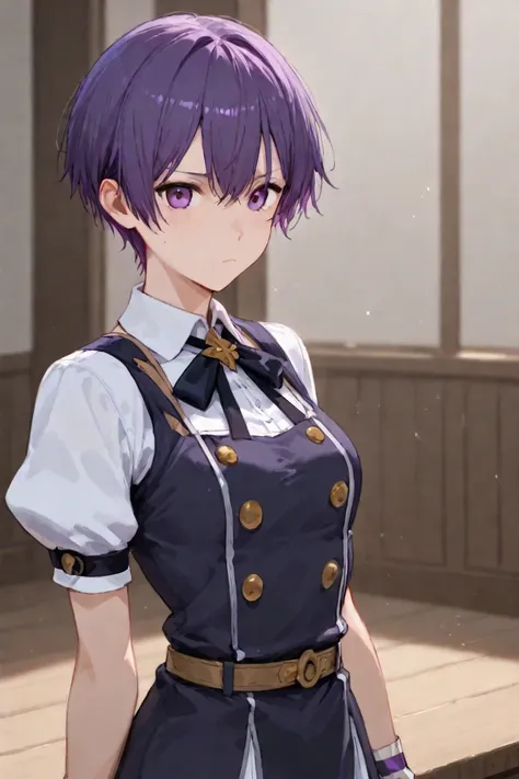 purple haired short haired breasted girl