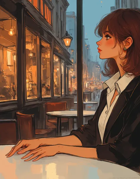 masterpiece, illustration, vector art,Waiting for someone, 1 female,Women meeting up at a cafe, fancy cafe ,urban music, Record Jacket ,Sounds boring,(detailed hands),( beautiful hands )