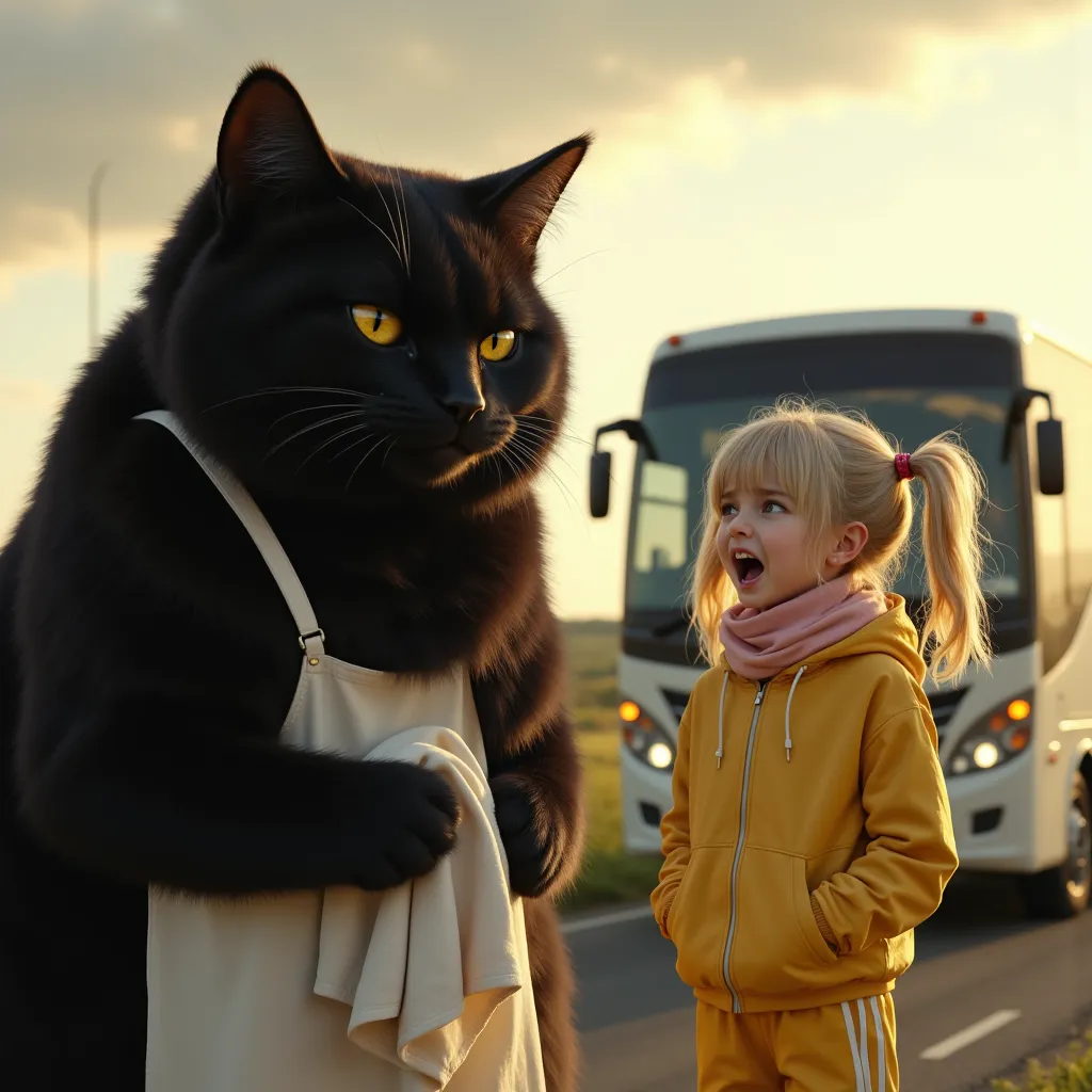 score_9,score_8_up,score_7_up,score_6_up,score_5_up,score_4_up,source_real photo,Ultra-realistic,Photorealistic,Ultra-realistic,Photorealistic,Dramatic Scene,Global Illumination, A huge black cat and a girl about  are standing with their backs to a bus at ...