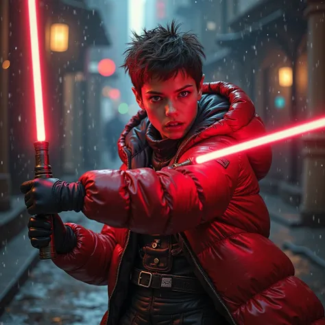 full photo, hyperrealist,   fighting  thin juvenile european sith  Showcasing her  short spiky tousled pixie  cut while holding her bright lightsaber, high details, high quality, high resolution, a masterpiece, standing in her bulky puffed jacket-hooding l...