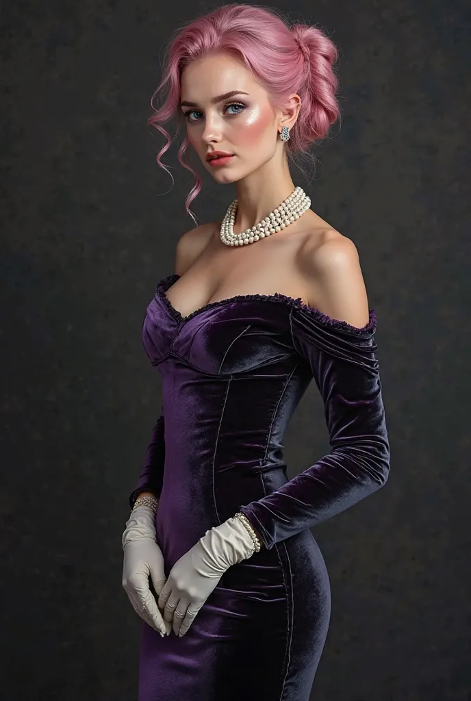  Girl 22 years old , Elegant,  long dress, fitted to the figure and iridescent in black and purple, material velvet, open shoulders, long sleeves,  white gloves, Pearls around the neck, smoky blue eyes, soft pink hair, collected upstairs