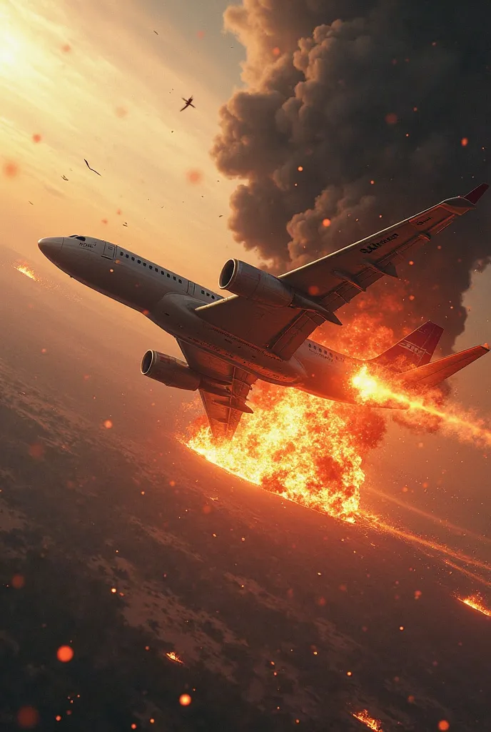 Make a plane on fire crashing down and make a big explosion