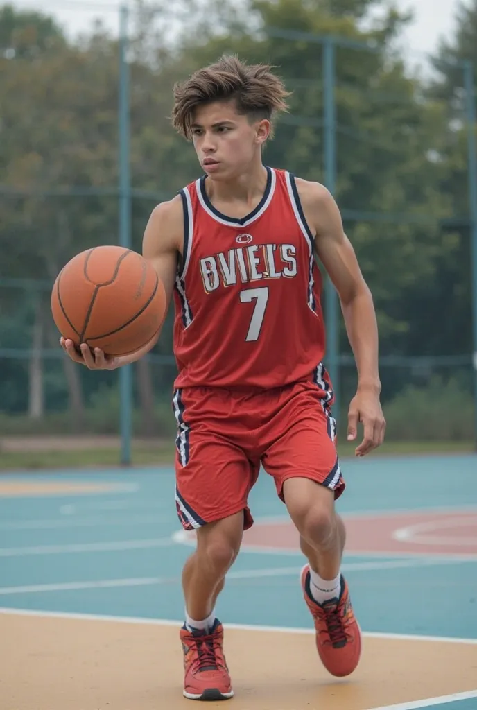 Photo of a boy playing basketball 🏀, Let it be tall but not that tall, that you have a good physique ,  that has muscles , Who looks  and has white skin, That he does not have beauty on his feet and that his hair is aesthetic, that in the photo appears as ...