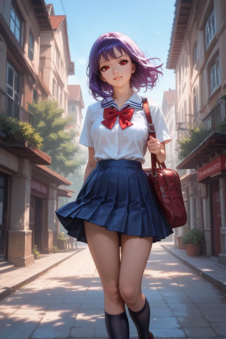 Anime style woman with purple hair and red eyes, your school uniform and your average attributes