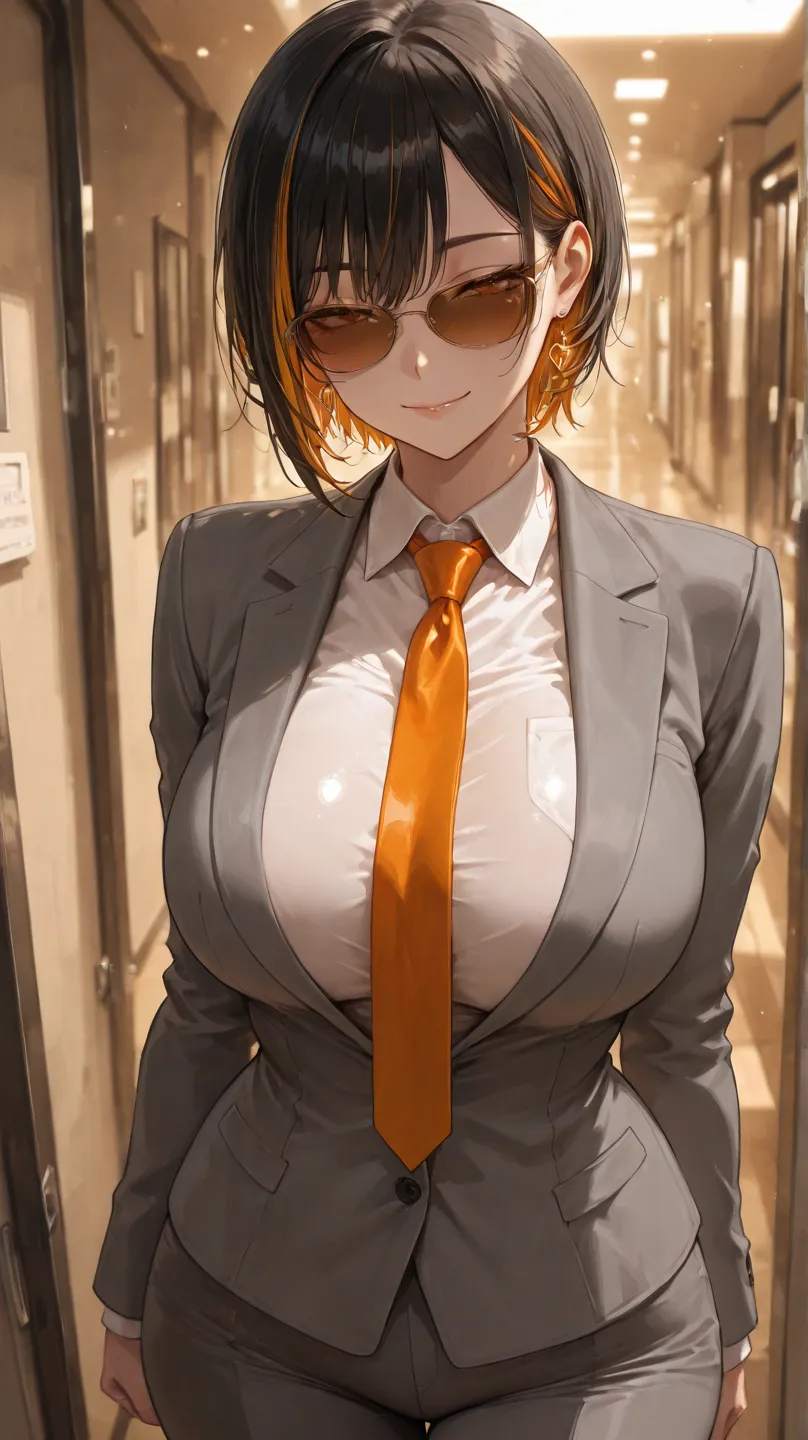 (((solo))), cowboy shot, A very beautiful woman, a peerless beauty, sunglasses, multicolored streaked hair, wolf-cut hair, sparkling eyes, half-closed eyes, big boobs, curvy beauty, enchanting smile, official suit, tie, collared shirt, gray jacket, gray ba...