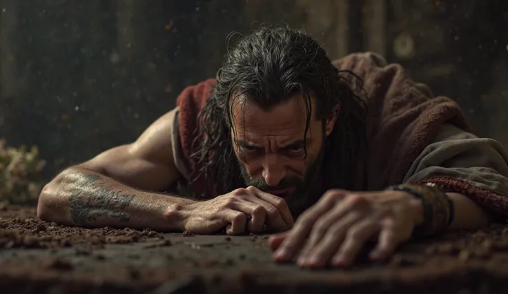 reate a hyper-realistic 4K image of David, depicted as a king with striking features and a deeply emotional expression, prostrated beside an empty cradle. Tears stream down his face as he bows in pain and repentance. The scene should convey an atmosphere o...