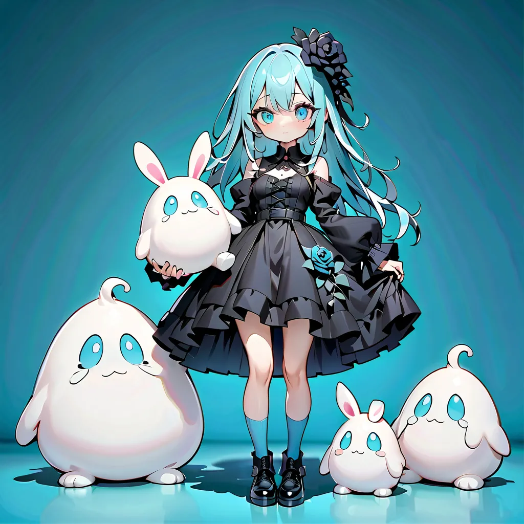 beauty、Cyan Background、 black clothes  、 pretty face、baby face、((( detailed eyes 、 droopy eyes )))、  long sleeve with flared cuffs  、 Shoulder-Out、 one-piece flared skirt 、 holding a stuffed rabbit in one hand、black and light blue socks 、Gothic Shoes、 are ...