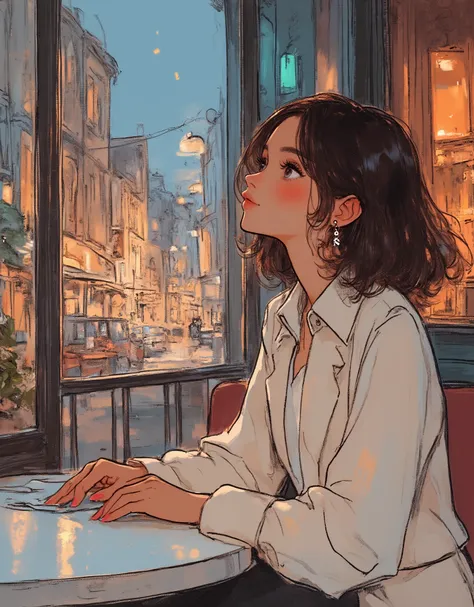 masterpiece, illustration, vector art,Waiting for someone, 1 female,Women meeting up at a cafe, fancy cafe ,urban music, Record Jacket ,Sounds boring,(detailed hands),( beautiful hands )