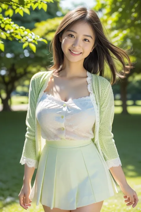 (8k, RAW photo, photorealistic, HQ, masterpiece, Brightly exposed photo), a cute Japanese woman, (glowing eyes), 
(smile), dark brown hair, (A classy outfit for spring, white blouses, Lace cardigan, Below-the-knee skirt), Walking pose, (in A vast fresh gre...