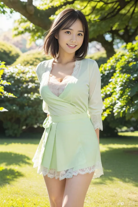 (8k, RAW photo, photorealistic, HQ, masterpiece, Brightly exposed photo), a cute Japanese woman, (glowing eyes), 
(smile), dark brown hair, (A classy outfit for spring, white blouses, Lace cardigan, Below-the-knee skirt), Walking pose, (in A vast fresh gre...