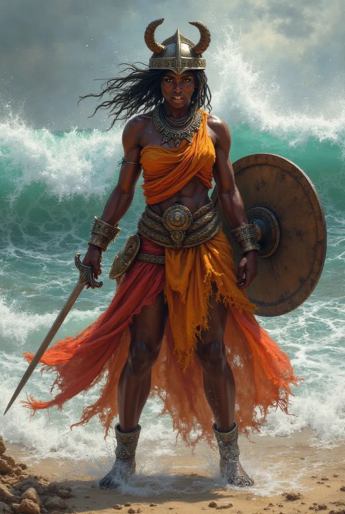  Angry African woman ,  orange and red African robes ,  sword and shield, war helmet, Furious ocean