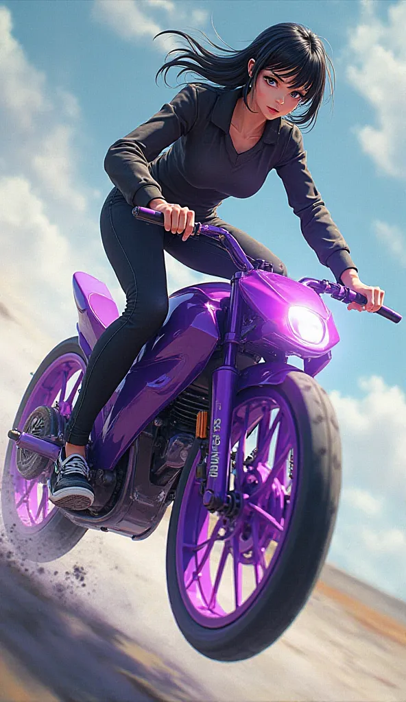 Anime Photo: Black-haired Woman Fringe Between Her Black Eyes. Riding on a Perfectly Built Purple Bicycle. radical maneuver 