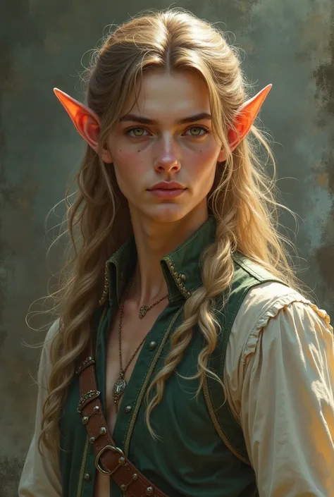 there is a digital painting of a woman with long hair, a portrait of a male elf, beautiful male elf, fantasy male portrait, elven male, a male elf, portrait of a slender elven man, elven character with smirk, detailed character portrait, portrait of a youn...