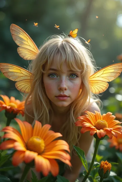 (highly detailed, realistic photo, realistic skin texture), 8K, the fairy flies over the flowers and flaps her wings