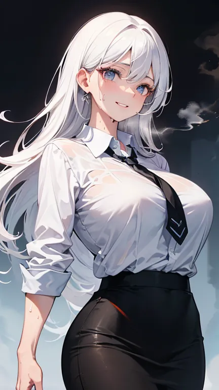 sagging breasts,1mature female,smile,huge breasts, ((huge breasts:2.05)),long breasts, (((face focus))),cowboy shot,black short pencil skirt,white collared shirt,black long tie,korean high school uniform,white hair,(((sweat,steam)))