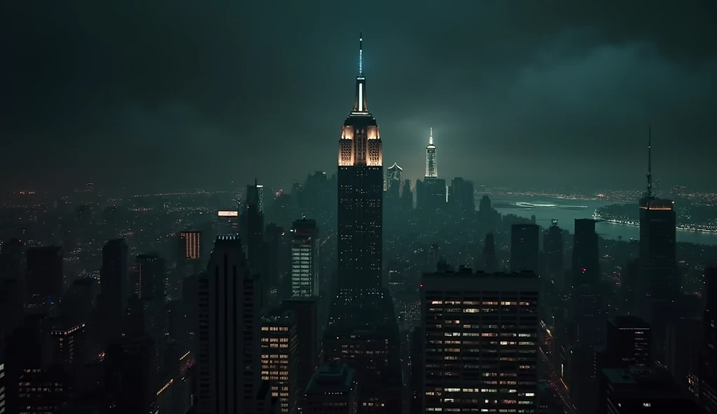 Create a cinematic and atmospheric image that transitions from darkness to a majestic night view of New York City. Start with a completely black screen, then gradually reveal a breathtaking skyline of New York at night, illuminated by city lights and tower...