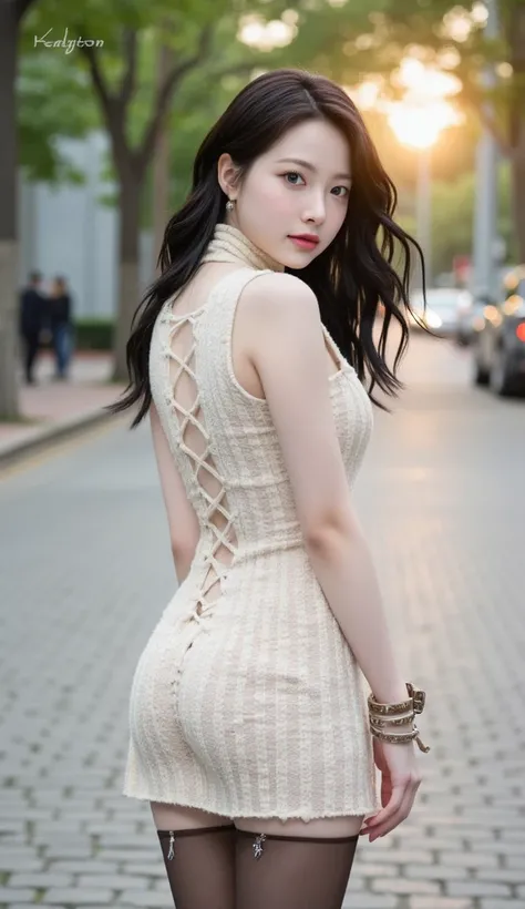 ((Full body photo facing backwards、Full body photo posing backwards、 in return、One-sided medium hair with beautiful wavy black hair over one ear、 Beautiful Butts 、 Buttocks Highlighted Poses))、Gestures to show sides、A gentle expression with sex appeal、((We...