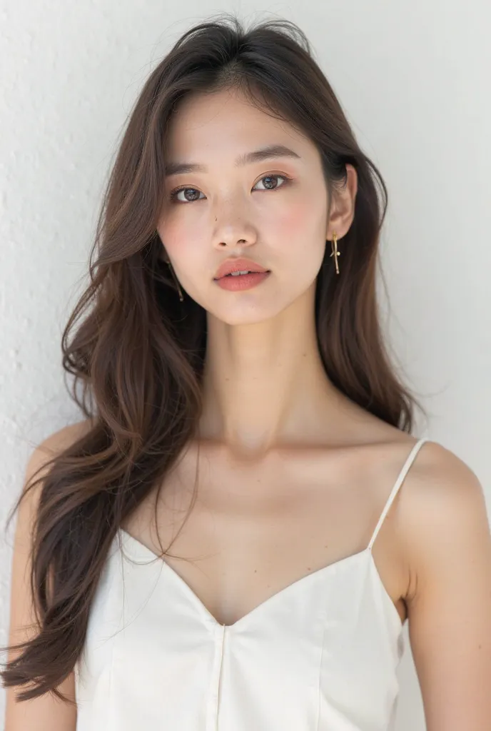 Real life photo of a beautiful western face female student，Face Five-headed Exquisite Celebrity Model，Big eyes with watery eyes，Straight nose，Pale Lips， Skin Whiteness 。
Wear a white flat dress，long hair，body micro side，Face turned to，Has a high expression...