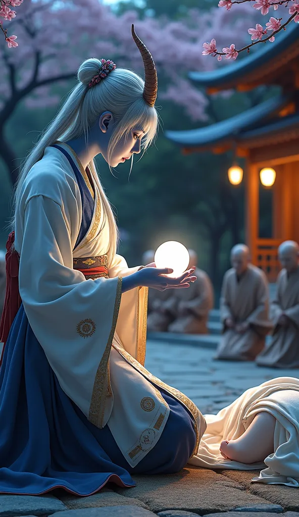 A highly detailed, photorealistic Heian-era scene depicting a 32-year-old blue-skinned female oni performing a sacred healing ritual in a village shrine. She wears a flowing white and indigo kimono with golden patterns, adorned with spiritual symbols. Her ...