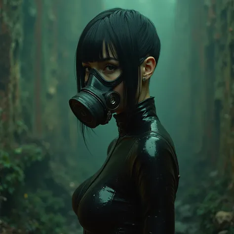 Sexy hot girl in gas mask, half saved hair, black hair, gothic with green moody background, gas mask, 
latex, biohazard, apocalyptic style

