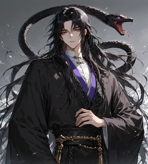 (very high resolution, high resolution, Ultra-precision) 1 male, adult, hansome, detailed eyes, PURPLE EYES, black hair, long hair, Oriental style costume, Black Turtle-Snake, Expressionless, Snowfield