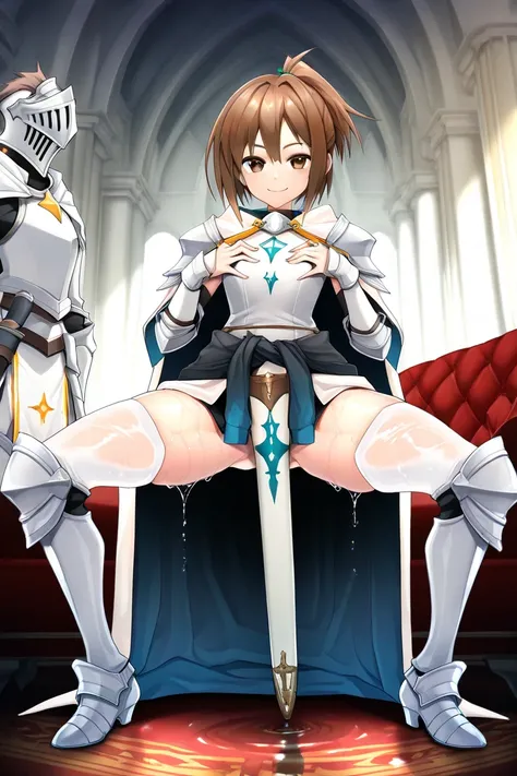 Asuna, Asuna_(Star), (1 girl,Alone) , fantasy, Hi-Res, 19,   original , (Wear it in a sheath around your waist:1.3), smile, ( spread your legs inside your wet thighs with the white knight wizard's long cape :1.55),  short hair, medium chest, looking toward...