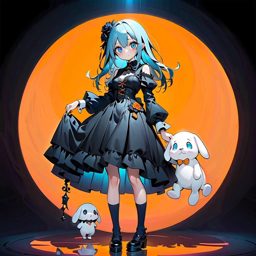 beauty、orange neon color background、 black clothes  、 pretty face、baby face、((( detailed eyes 、 droopy eyes )))、  long sleeve with flared cuffs  、 Shoulder-Out、 one-piece flared skirt 、 holding a stuffed rabbit in one hand、black and light blue socks 、Gothi...