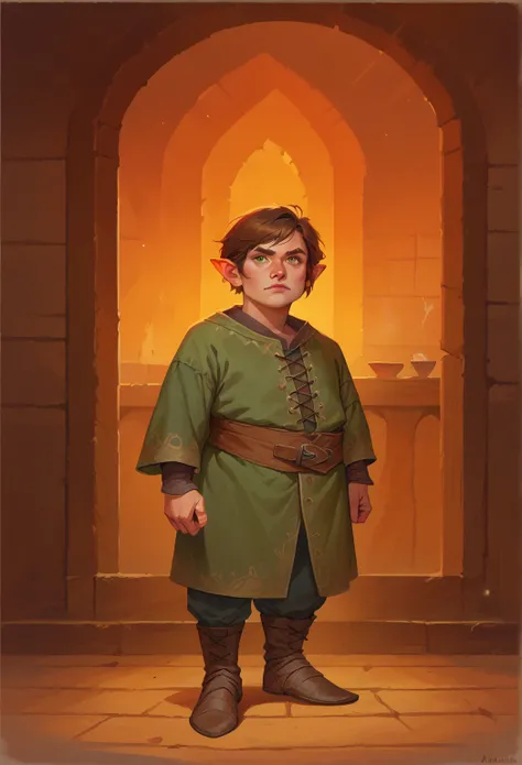 score_9, score_8_up, score_7_up, concept art, artfy, semi-realistic, full body portrait, portrait image, halfling boy, short stature, pointed ears, big eyes, big nose, flat chest,  dark brown hair, short hair,  hair bangs, green coat, grey pants, chubby ar...