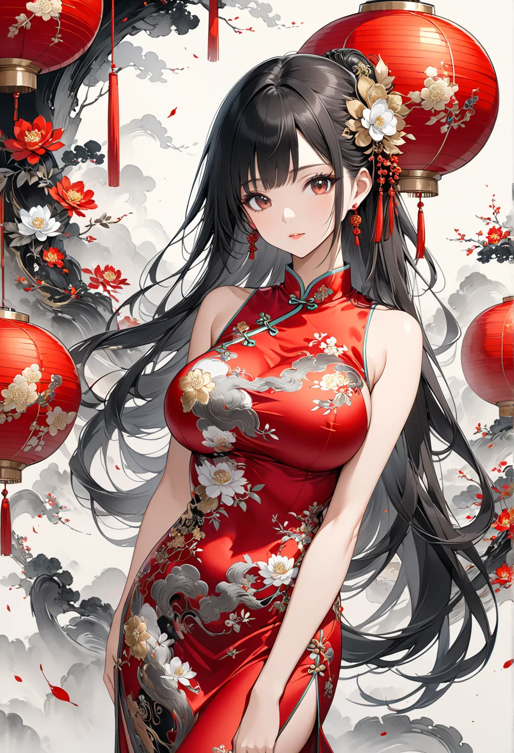       wearing red cheongsam (Long silk cheongsam with multicolored and gold-silver embroidered flowers )Oriental beautiful girl,Have perfect anatomy,beautiful and elegant masterpiece of art, background is(minimalist abstract flat)abstract fuzzy giant leaf ...