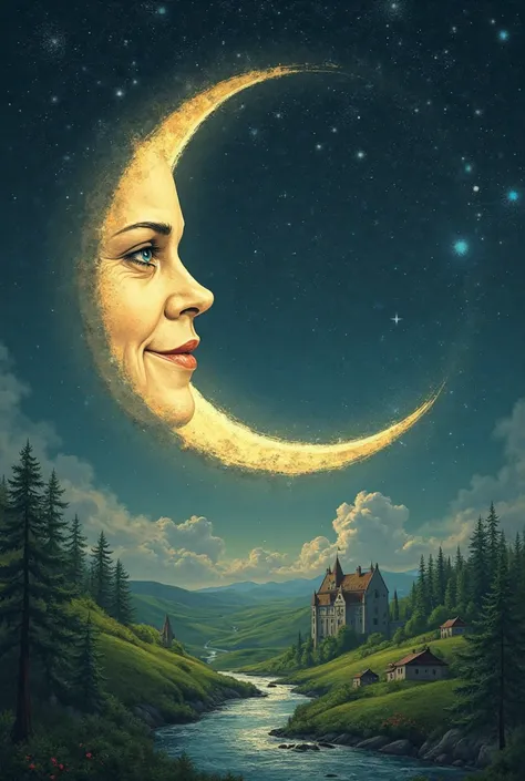 reversed cresent moon with moms face smirking with a river flowing through a endless amount if grassy hills with stars in the background and a castle in the distance 