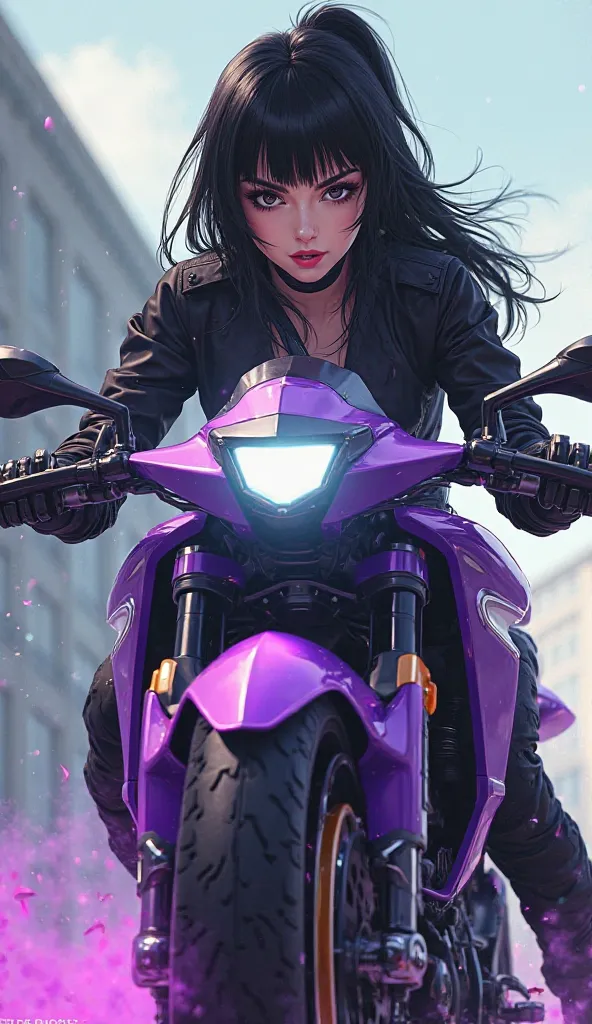 Morden Style Anime Photo Woman Black Hair Fringe Between Black Eyes. Riding on a Perfectly Built Purple Electric Bike. radical maneuver 