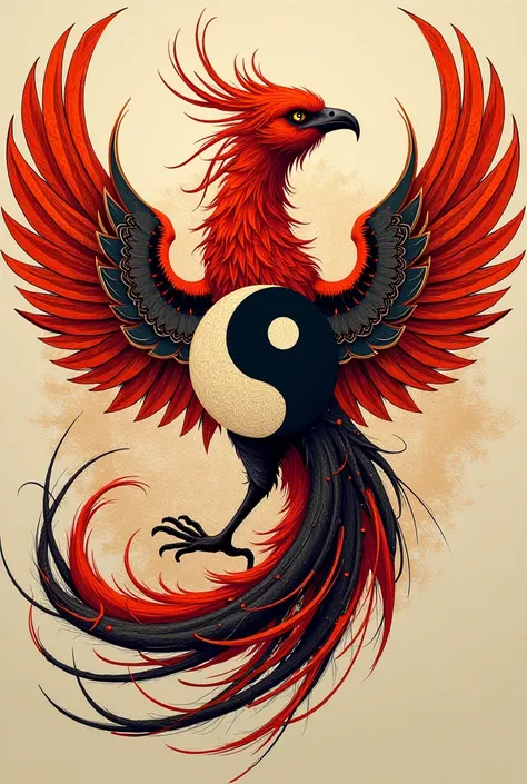 Tribal style image of a Ying Yang and a Phoenix