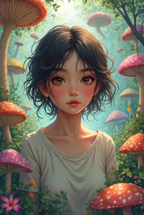 Nahida (Masterpiece), (t-shirt), (ultra detailed),(disheveled hair),( illustration), (1 girl), beautiful detailed eyes,Delicate beautiful face,Floating,( high saturation ),( color splashes ),colorful bubble,( round), focus on the face , walking in a forest...