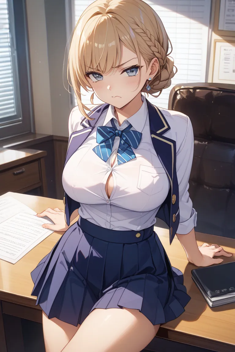 Brown skin next to a woman、blond with a big face、  blazer uniform、dismembered blazer、 short pleated skirt 、Interrogation Room、 one guy 、  Grumpy Face  、 Being interrogated、 chair under a chair 、 with legs 、 top quality , 太いお尻、big breasts、  thighs、とても  Grum...