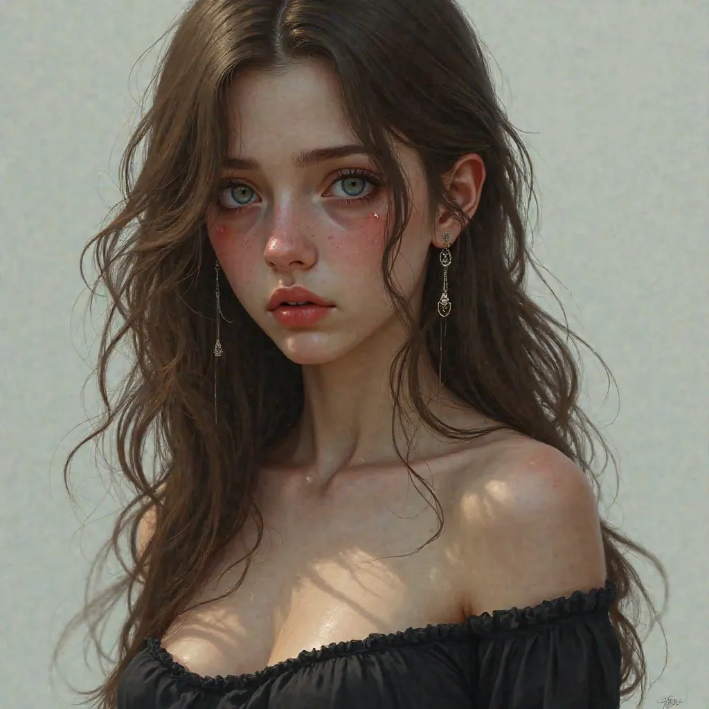 1 fille, Alone,  long hair, Breasts,  brown hair, blue eyes, earrings, Very detailed,  cry , Tears Flowed, pain, jewelry, sexy
