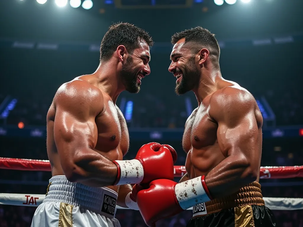 The two boxers who were fighting in the ring are holding hands and talking with a smile