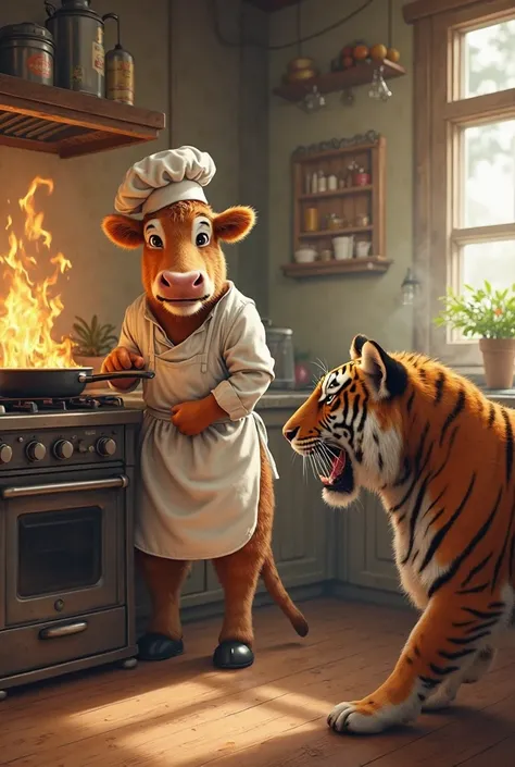 A cow cooks breakfast and a tiger comes to eat breakfastJust like the real thing