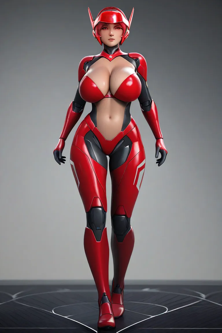  cybernetic woman ,  Full Body Like a Perfect Sculpture, realistic, My stomach is getting bigger, ( big perfect breasts ),  neckline , 3d,  big perfect breasts , Red visor on right eye, anime style 3d, ultra realistic, Hi-Res,  