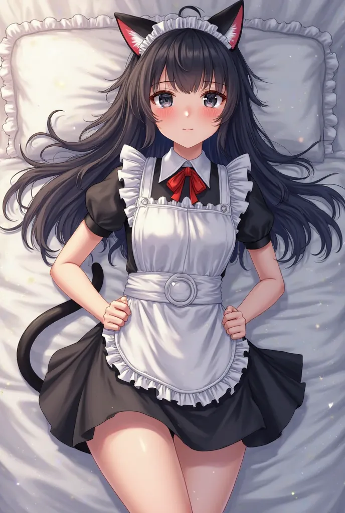 A girl with long black hair and black eyes that has cat ears that are black and is wearing a maid dress with a short skirt with a bell color on a bed blushing a bit laying down as if you are hovering above her and unbuttoning her dress