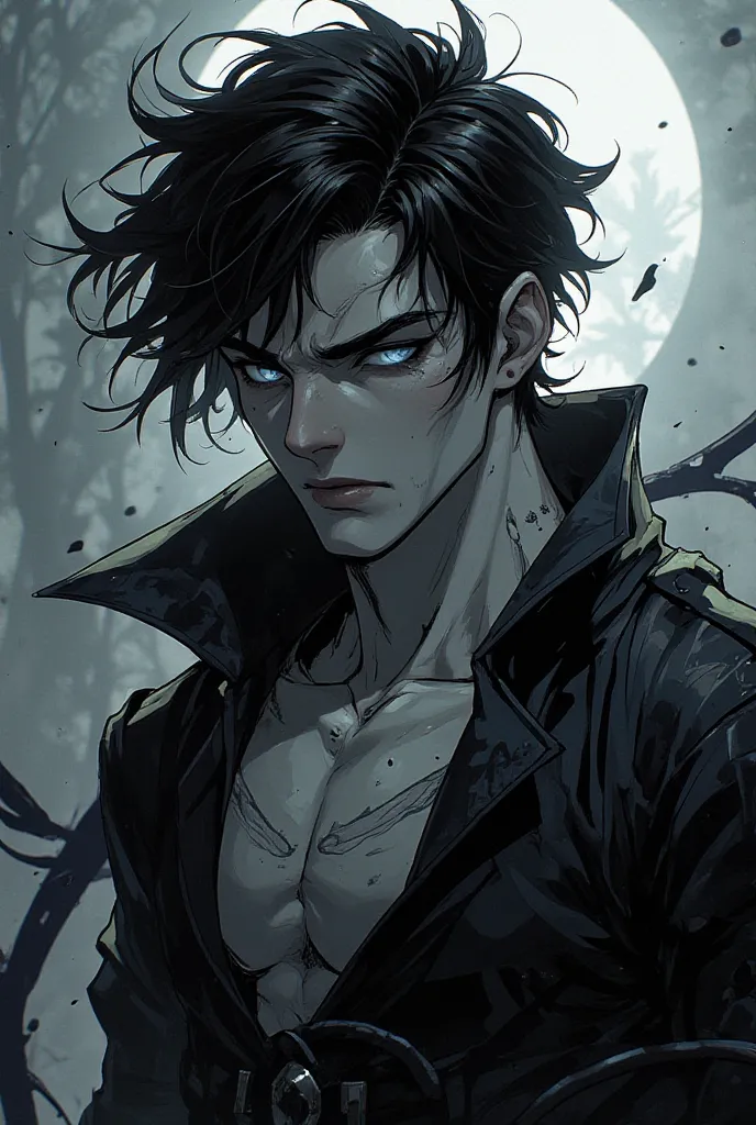 Tall anime vampire boy with an extremely muscular body with very pale skin, sharp nails, very Long Messy vanta black hair and white silver eyes, full plump lips and an extremely handsom soft face and fangs.