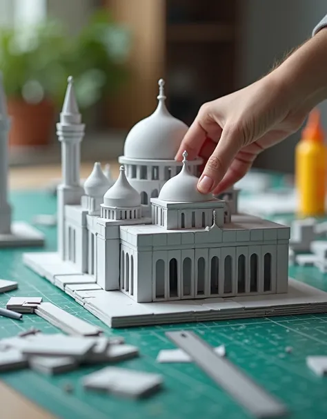 macro close up image with blur. image of scale model of a modern sleek futuristic architectural mosque that made out using grey modeling boards. not too perfect, student workmanship, & halfway making. sit on green cutting matte, with pieces of the grey boa...